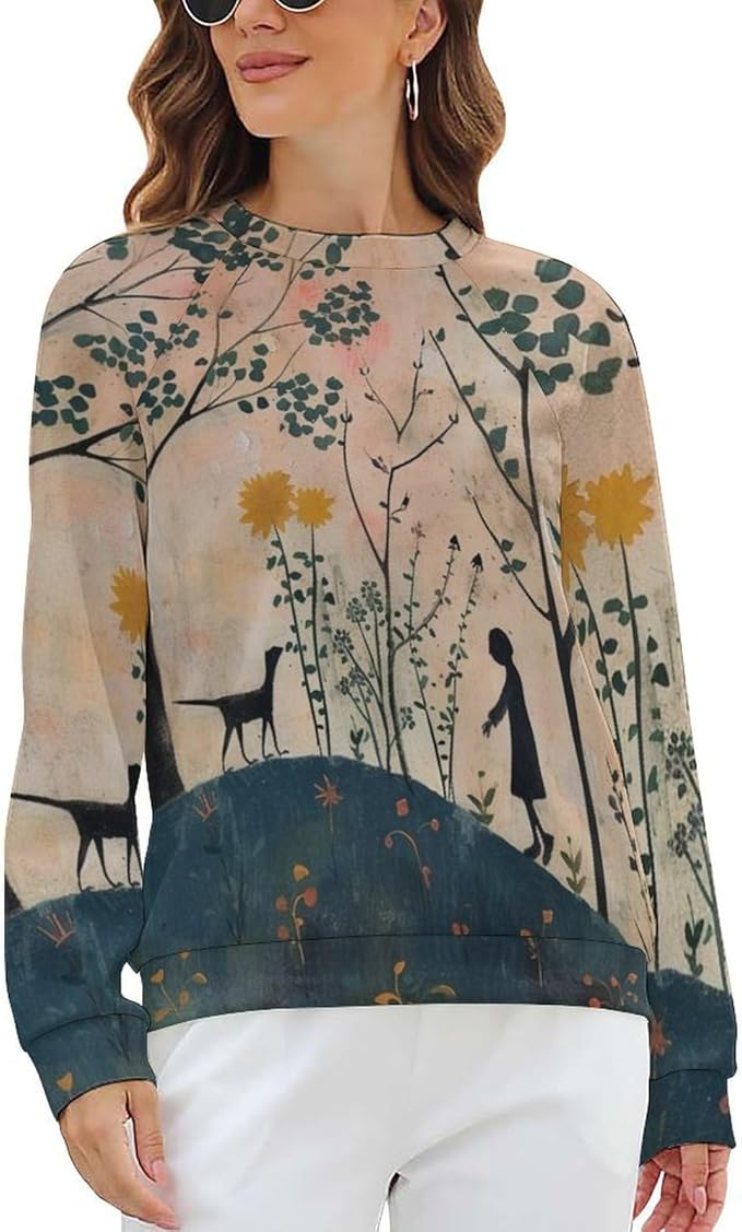 Long Sleeve Shirts for Women Cat Oil Painting Shirt 3D Graphic Sweatshirts Fall Pullover Crewneck Vintage Boho Tops