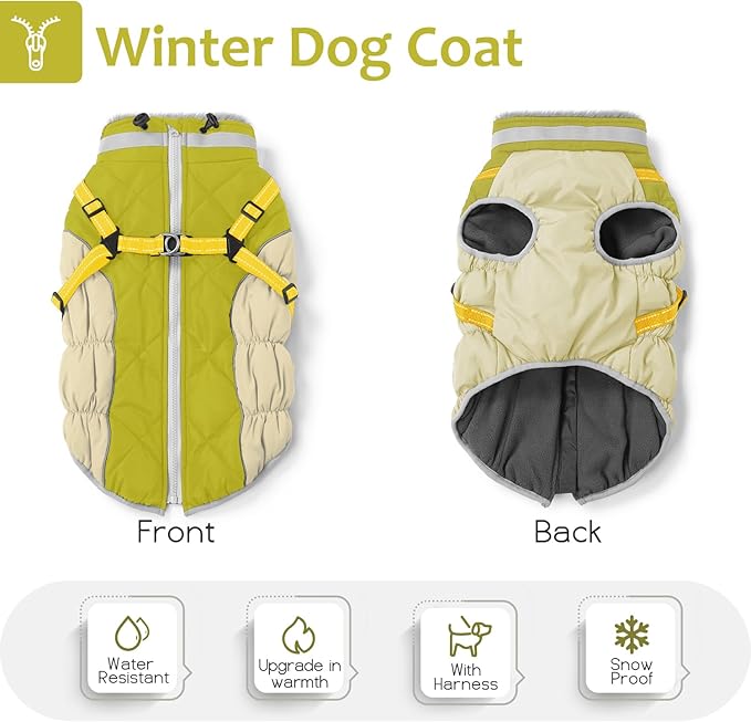 Dog Winter Coat with Harness, Dog Jacket, Pet Clothes with Zipper on Back, Waterproof Windproof Warm Vest, Reflective Cold Weather Coats, for Small Medium Large Dogs, Thick, Green, S