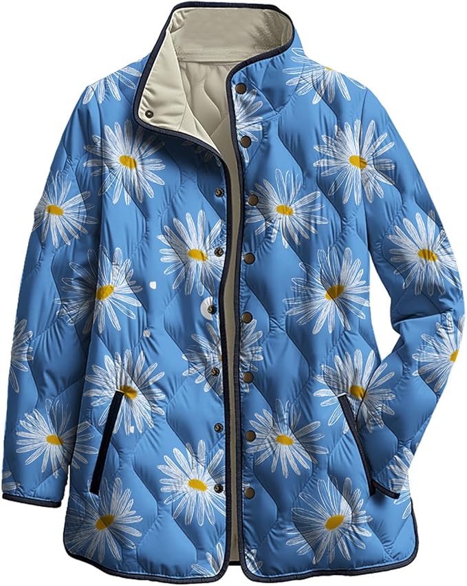 LIZALIG Women's Cropped Puffer Jacket Lightweight Floral Print Long Sleeve Padded Quilted Puffy Cardigan Coat