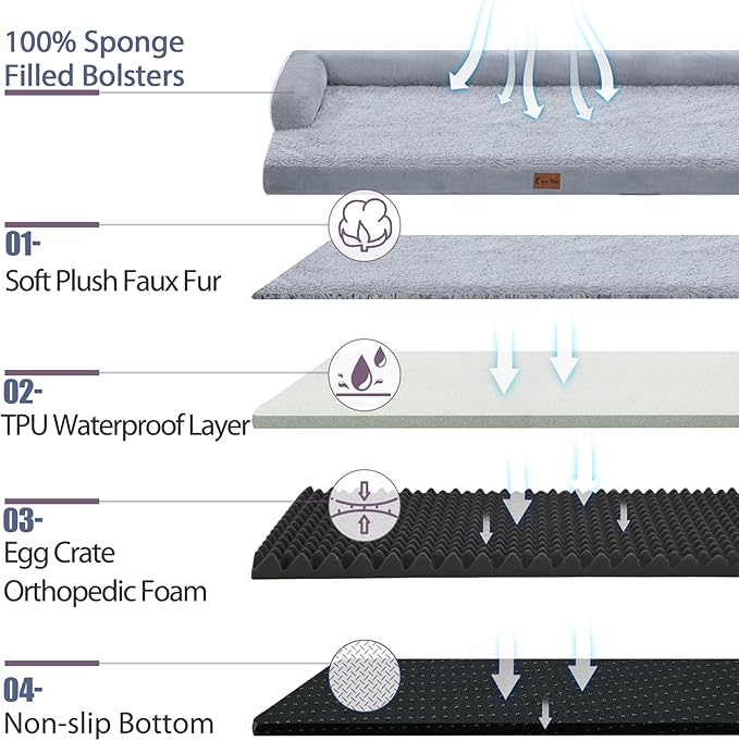 Orthopedic Dog Beds for Extra Large Dogs, Waterproof Egg Crate Foam XL Dog Bed with Sides 45 * 35Inch, Big Dogs Couch Beds with Removable Washable Cover and Nonskid Bottom, Grey