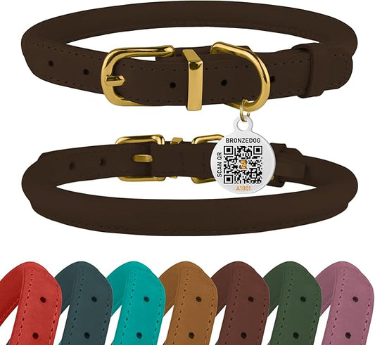 BronzeDog Rolled Leather Dog Collar with QR ID Tag, Adjustable Soft Round Collars for Small Medium Large Dogs Puppy (16" - 19" Neck Size, Brown)