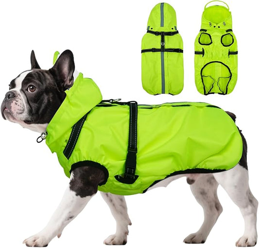 Dog Rain Jacket for Medium Dogs Waterproof with Hood, Reflective Dog Rain Coat with Adjustable Built-in Harness & Back Zipper, for Rainy Walks, Muddy Roads - Fluorescent Green M