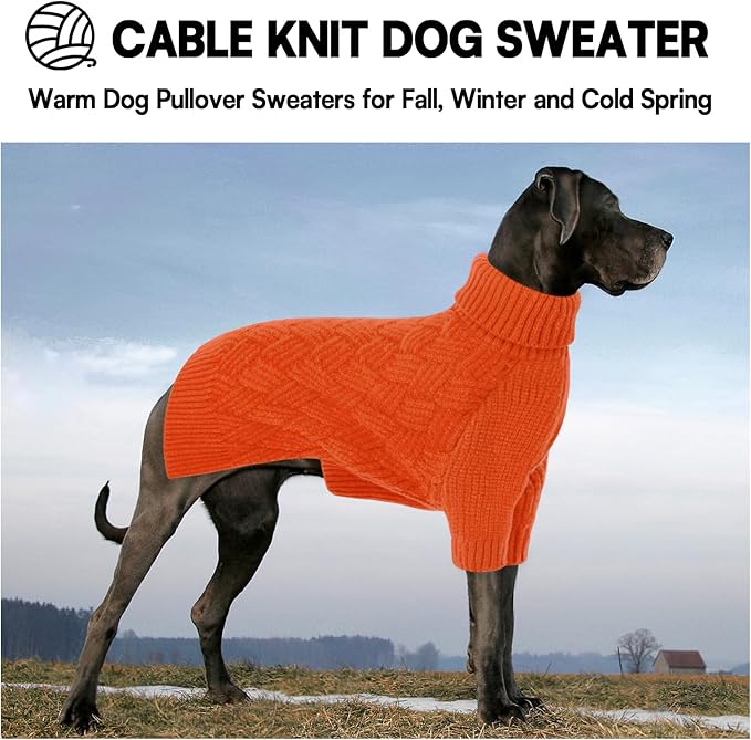 KOESON Extra Large Dog Sweater, Warm Soft XL Dog Sweater, Turtleneck Big Sweater for Large Dogs Girls and Boys, Cable Knitted Pet Knitwear with Sleeves for Fall, Winter and Spring, Orange, XLarge