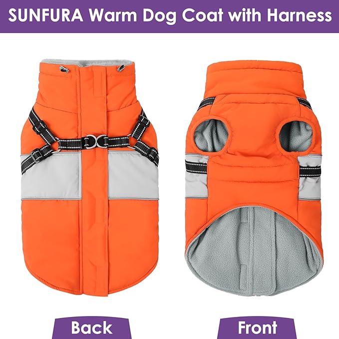 SUNFURA Dog Jacket, Large Dog Coat with Harness Built in, Warm Pet Winter Jacket Zippered Snow Coat with Furry Collar, Waterproof Fleece Snowsuit for French Bulldog, Orange L