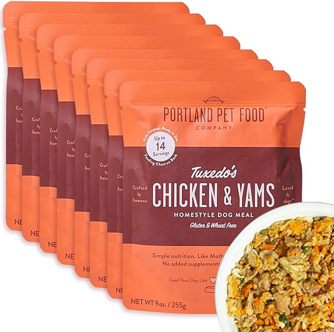 Portland Pet Food Company Fresh Dog Food Pouches - Human-Grade Toppers Wet Pet Meal & Mixers - Gluten-Free Limited Ingredient Tuxedo’s Chicken & Yams - Large & Small Breed Puppy & Senior Dogs - 8 Pack