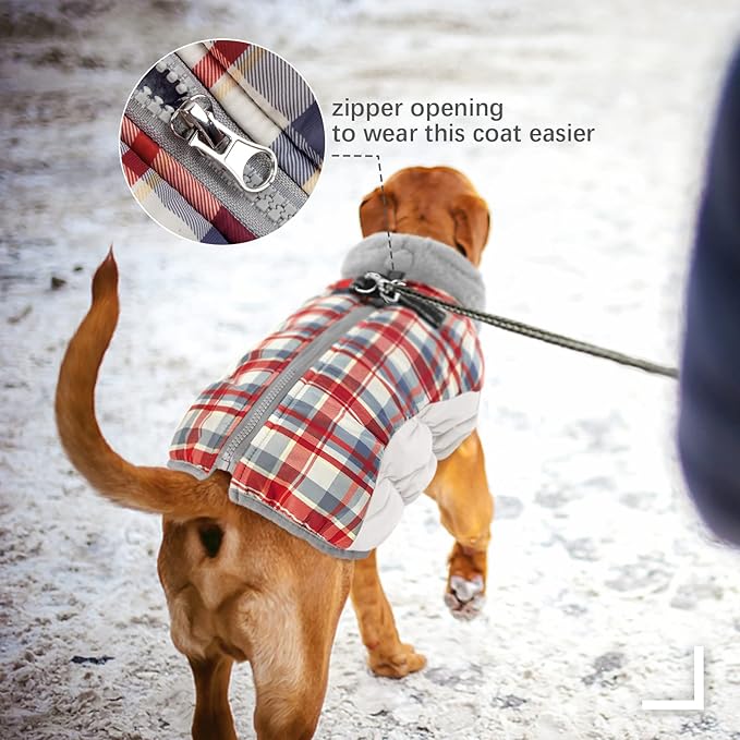 FUAMEY Dog Coat for Small Dogs,Waterproof Dog Winter Jacket with Harness Built in Puppy Cold Weather Coats Reflective Pet Vest with Zipper Warm Fleece Dogs Snowsuit Windproof Red Plaid S
