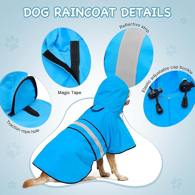 Hooded Dog Raincoat - Reflective Dog Rain Jacket Lightweight Waterproof Rain Coat for Small Medium Large Dogs (Large, Blue)