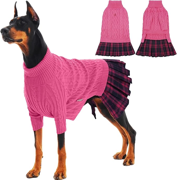 IECOii Girl XXL Dog Sweater Dress, Cozy Cable Knit Dog Sweater for Large Dogs Girl, Pink, XXLarge, 2XL Pet Pullover Knitted Dress for Winter, Turleneck with Sleeve, Warm Sweaters for Female Pitbull