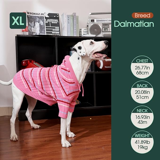 Kuoser XL Dog Sweater, Dog Sweaters for Large Dogs, Girl Boy Christmas Sweater, Striped Knitwear Big Dogs Winter Clothes, Cold Weather Warm Pet Sweatshirt for Golden Retriever, Labrador, Pink XL