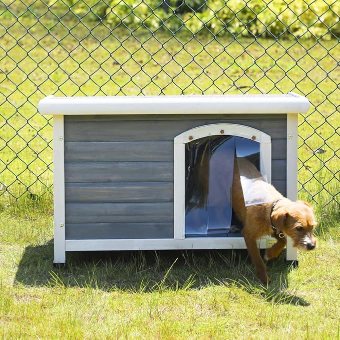Petsfit Large Dog House, Wooden Outdoor Dog Kennel w/Hinged Roof, Weatherproof Dog Houses for Small Dogs Outside w/Adjustable Foot Pads, 33.7" L X 22.6" W X 23" H, Grey