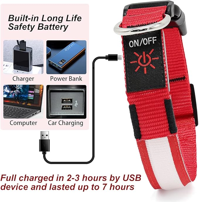 YFbrite Ultra Light Adjustable LED Dog Collar, Light up Dog Collars Rechargeable Glowing in The Dark Collars Visiblity & Safety for Small, Medium, Large Dogs (Red, Medium)
