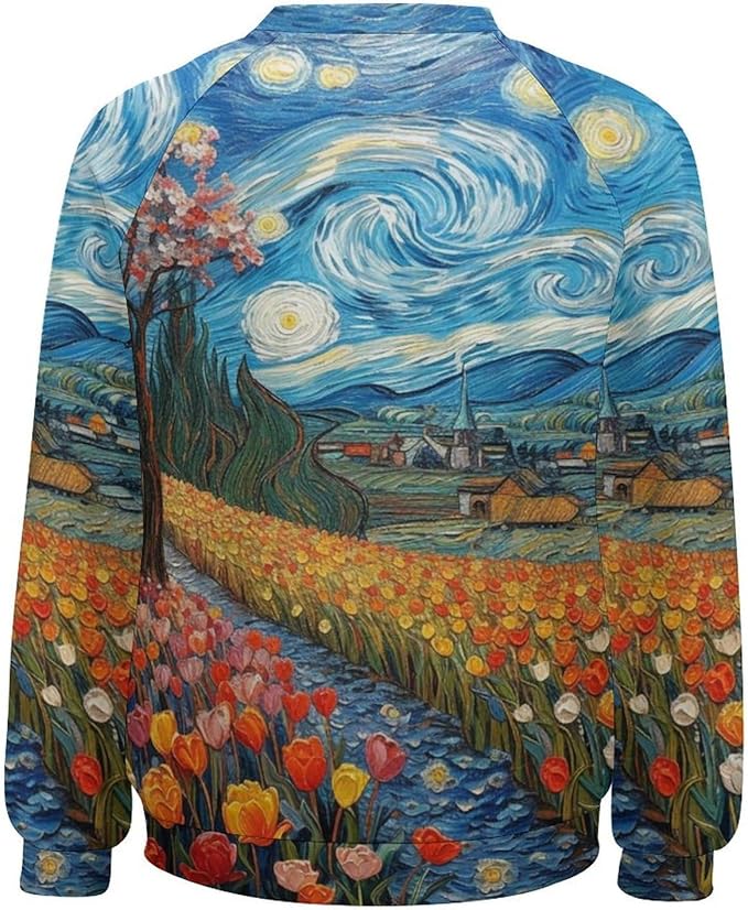 Long Sleeve Shirts for Women Cat Oil Painting Shirt 3D Graphic Sweatshirts Fall Pullover Crewneck Vintage Boho Tops