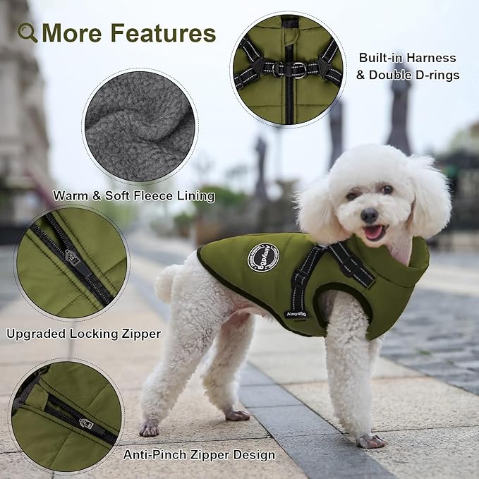 Warm Dog Winter Coat, Windproof & Waterproof Jacket with Built-in Harness, Reflective & Adjustable Comfortable Pet Vest for Small Dogs (Green)