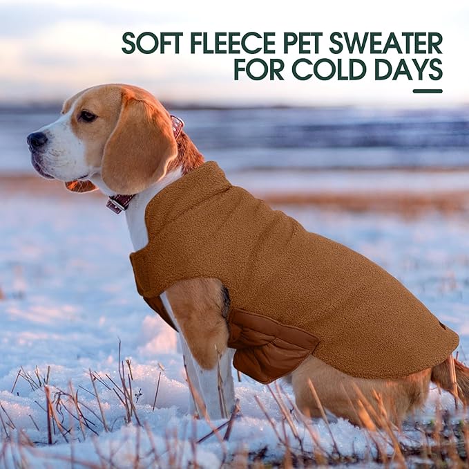 Kuoser Reversible Dog Coat – Warm Fleece & Quilted Waterproof Dog Jacket, Double-Sided Cold Weather Dogs Winter Coat with Harness Hole, Windproof Pet Snow Vest for Small Medium Large Dogs, Brown L
