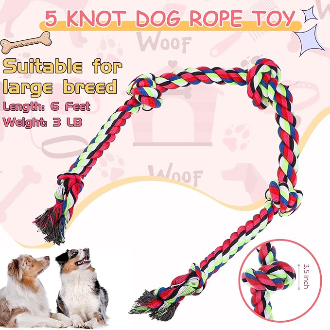 Dog Rope Toys for Extra Large Dogs, 2 Pack 6 Feet 5 Knot Tug of War Dog Toy for Large Aggressive Chewers Heavy Duty Cotton Teeth Cleaning Indestructible Puppy Chew Toys