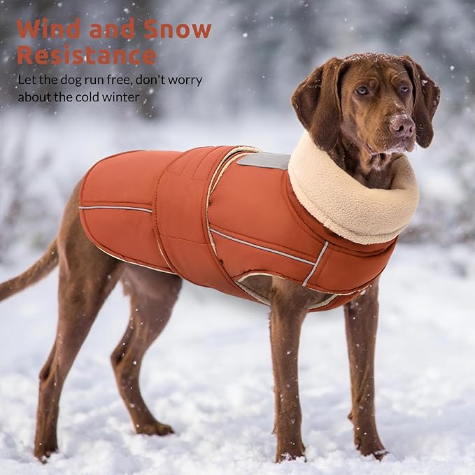 ASENKU Warm Dog Coat, Waterproof Dog Jackets for Large Dogs with Reflective Fleece Vest Turtleneck with Button,Windproof Cold Weather Coats for Small Medium Large Dogs, Red Brown, 2XL