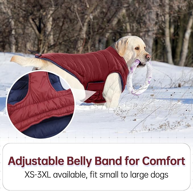 Lelepet Reversible Dog Coat Waterproof Dog Jacket Windproof Puffer Vest for Winter Warm Lightweight Coats for Large Dogs Adjustbale Hook & Loop Pet Apparel with Leash Hole, Pitbull, Wine Red, XL