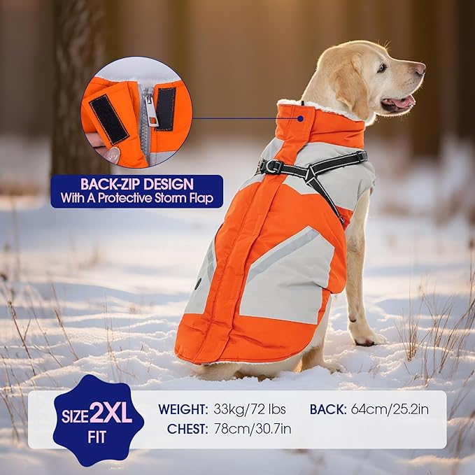 FUAMEY Dog Winter Jackets for Large Dogs,Dog Coat with Harness Built in,Waterproof Dogs Snowsuits Warm Pet Jacket Zip Up Fleece Cold Weather Coats Reflective Puppy Vest with Pocket Orange 3XL