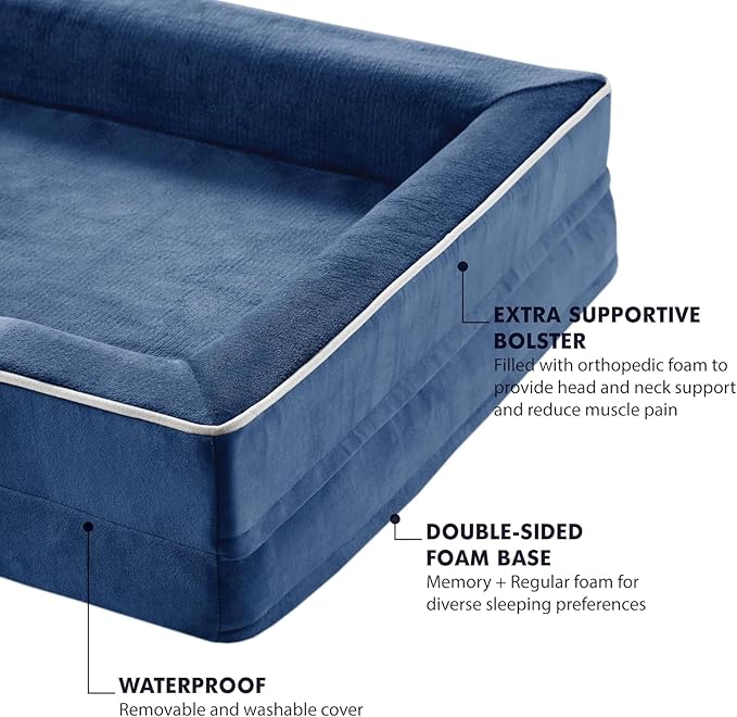 Friends Forever Orthopedic Dog Bed for Medium Dogs, Waterproof Memory Foam Dog Sofa Bed M with Removable Washable Cover, Ally Navy, 28x23x6.5