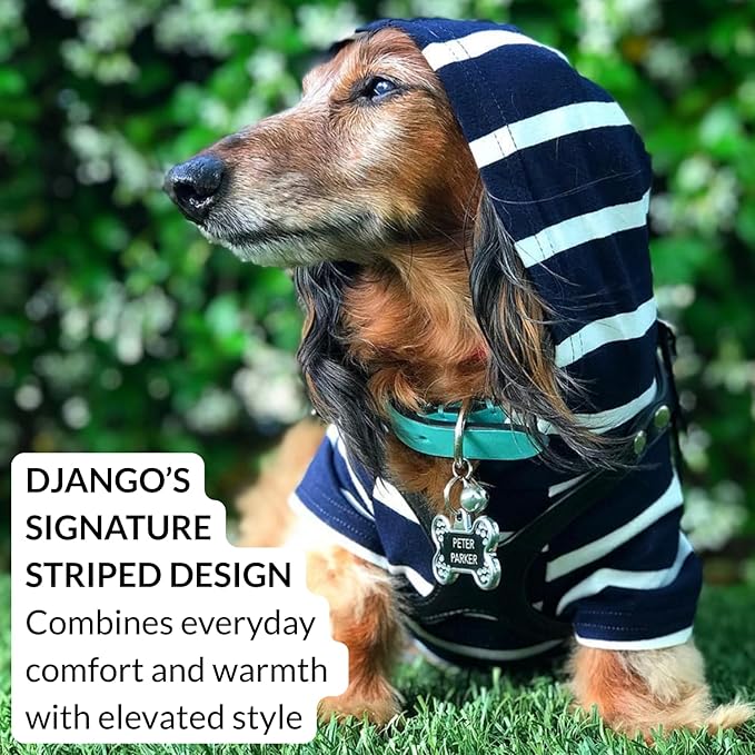 DJANGO Dog Hoodie – Warm, Lightweight, Soft & Stretchy Dog Sweater with Hood, Harness Hole & Elastic Waistband – Cozy Sweatshirt for Small Dogs up to 25 lbs, Dachshunds & Puppies – Navy Blue, X-Small
