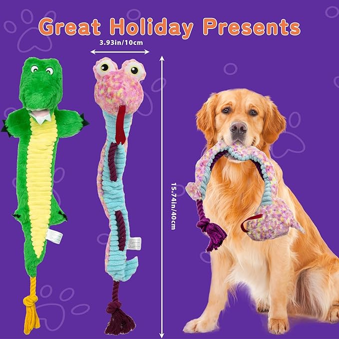 Crinkle Dog Toys Squeaky Plush No Stuffing Cute Puppy Stuffless Tough Rop Pull Toy, Fun Dog Stuffed Animals Durable Chew Set for Small Medium Large Pup (Large, Snake+Alligators)