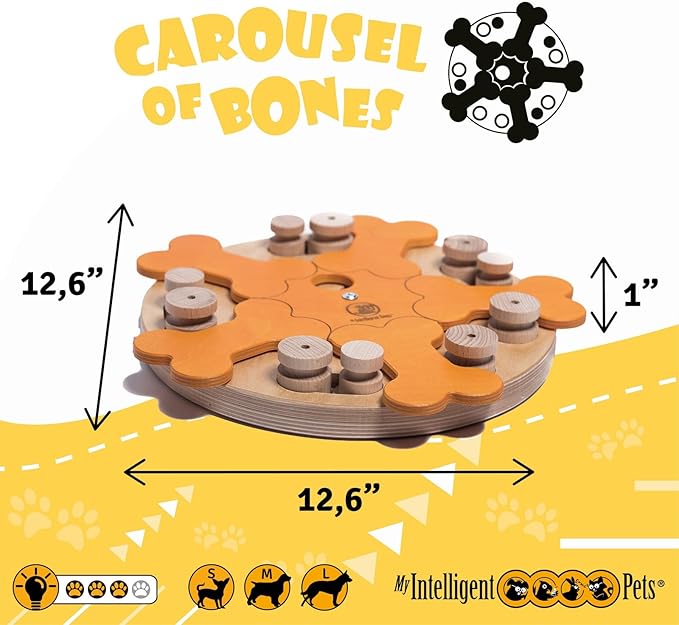 Carousel of Bones - Interactive Wooden Dog Puzzle Toy, Challenging Brain Game for Mental Stimulation and Enrichment, Fun Toy for Smart Pets