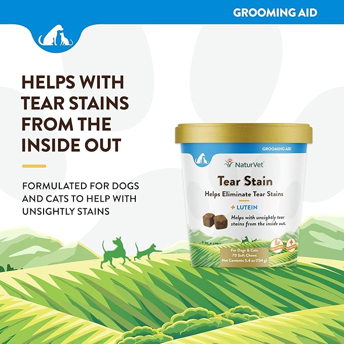 NaturVet – Tear Stain Plus Lutein – Eliminates Unsightly Tear Stains – Enhanced with Cranberry Extract, Marshmallow Root & Oregon Grape Root – for Dogs & Cats – 70 Soft Chews