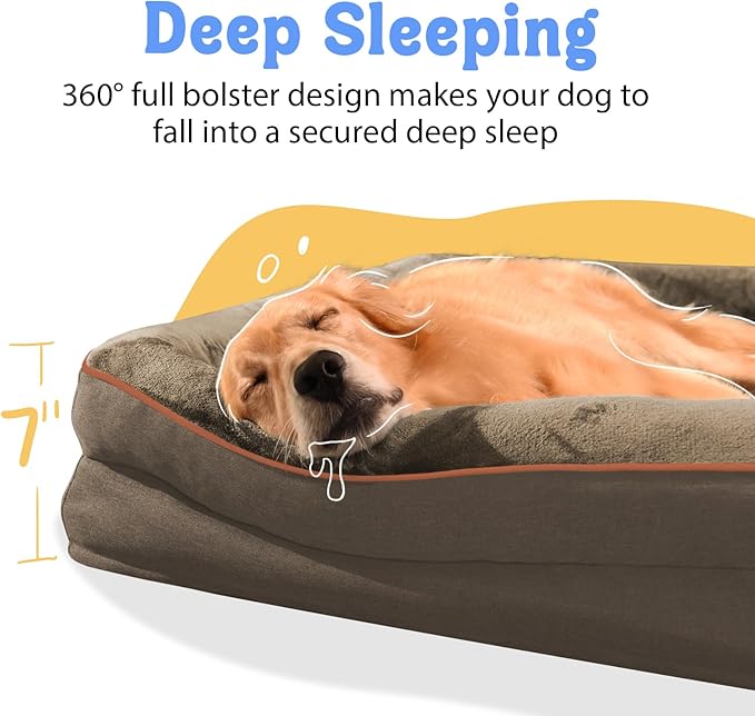 Orthopedic XL Large Dog Bed - Removable Bolster & Waterproof Washable Cover for Pet Big Dogs Bed Extra Large Dog Beds with Foam Support Non-Slip Bottom