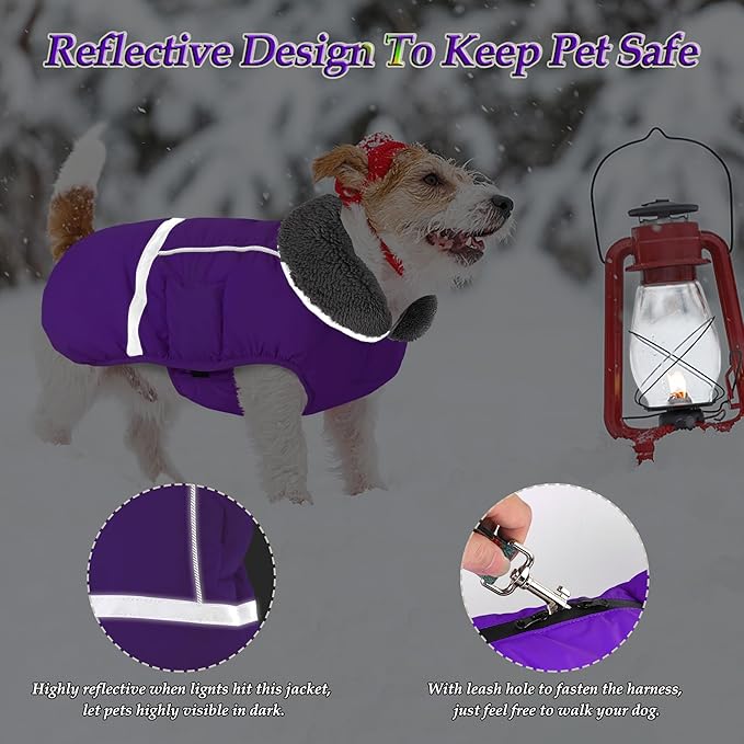 Dogcheer Warm Dog Coat, Christmas Dog Jacket Waterproof Puppy Winter Coat with Buckles, Reflective Adjustable Pet Snow Jacket Turtleneck Fleece Sweater for Small Medium Large Dogs - Purple, L