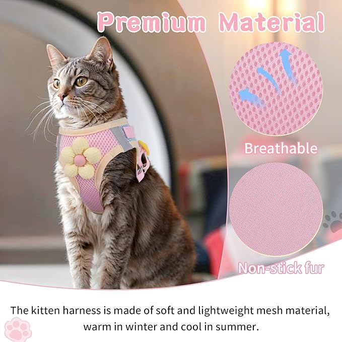 Cat Harness and Leash Set for Walking Escape Proof, Adjustable Kitten Harness Breathable Mesh with Reflective Strips Harness with Flower for Kitty Puppy Bunny