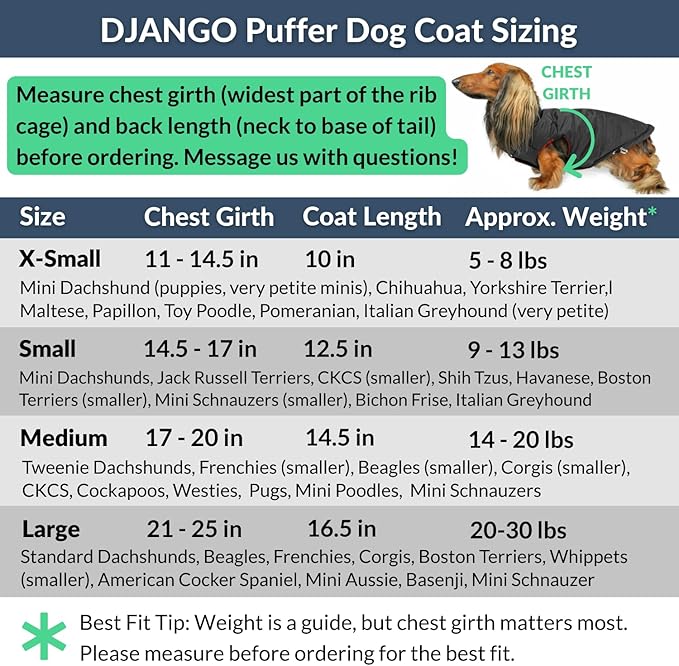 DJANGO Reversible Puffer Dog Coat – Warm Winter Dog Jacket & Water-Repellent Insulated Dog Coat with Harness Hole, Windproof, Adjustable Fit Vest for Small & Medium Dogs, Dachshunds – Black, Small