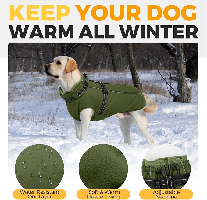 Lelepet Dog Coat for Large Dogs Waterproof Dog Jacket with Harness Built in Reflective Fleece Jacket with Zip Warm Winter Coats for Dogs Thermal Pet Snowsuit for Outdoor, Border Collie, Army Green, XL