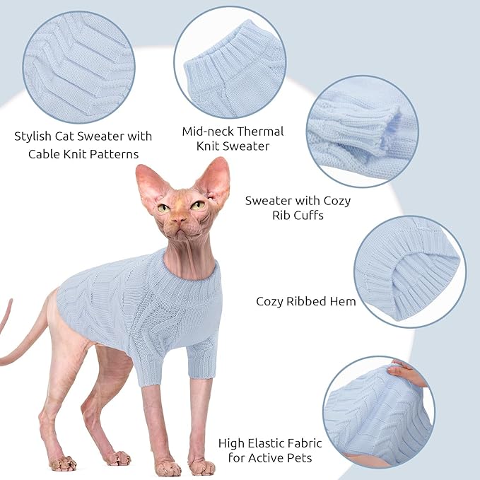 ASENKU Cat Sweater Soft Warm Puppy Clothes Knitwear for Kittens & Small Dogs, Thick Knitted Sweater for Sphynx Hairless Cats Teacup Chihuahua and Extra Small Dogs (Blue, L)
