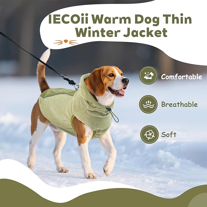 IECOii Fleece Dog Sweater for Large Dogs, Large Dog Sweater Sleeveless with Leash Hole and Reflective Strips, Fall Winter Turtleneck Hoodie Vest Lightweight & Stretchy Fit for Active Dogs, Green, XL