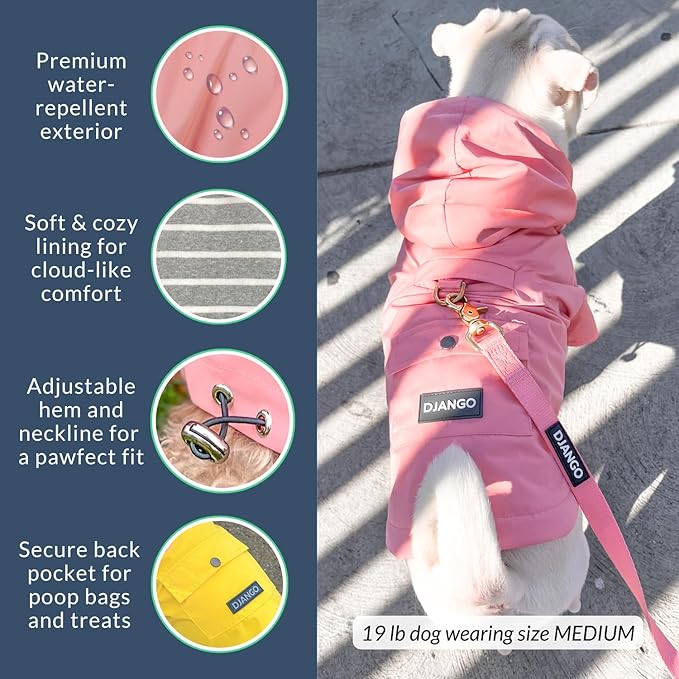 DJANGO Highland Dog Jacket & Raincoat – Water-Repellent, Lined Dog Coat with Hood, Adjustable Fit & Harness Hole – Lightweight Rain & Wind Jacket for Small & Medium Dogs up to 30 lbs (Pink, Small)