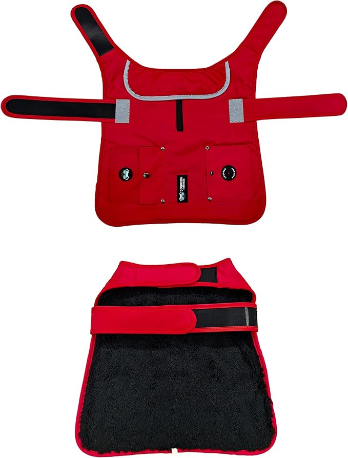 Joyride Harness FrostFlex Dog Winter Jacket - Fleece Lined & Water-Resistant - Snowsuit with Pockets for Treats & Poop Bags - Durable Cold Weather Dog Coat - Red Rush-M