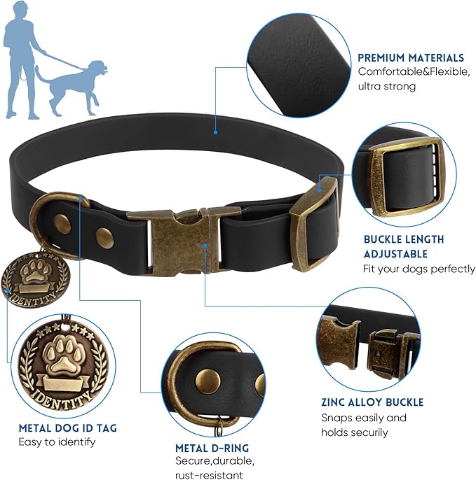 Wisedog Dog Collar and Leash Set, Waterproof Adjustable Puppy Collars with Cute Tag 6FT Dog Leash with Poop Bag for Small Medium Large Dogs (L(Collar:14"-22";Leash:5 ft), Black)