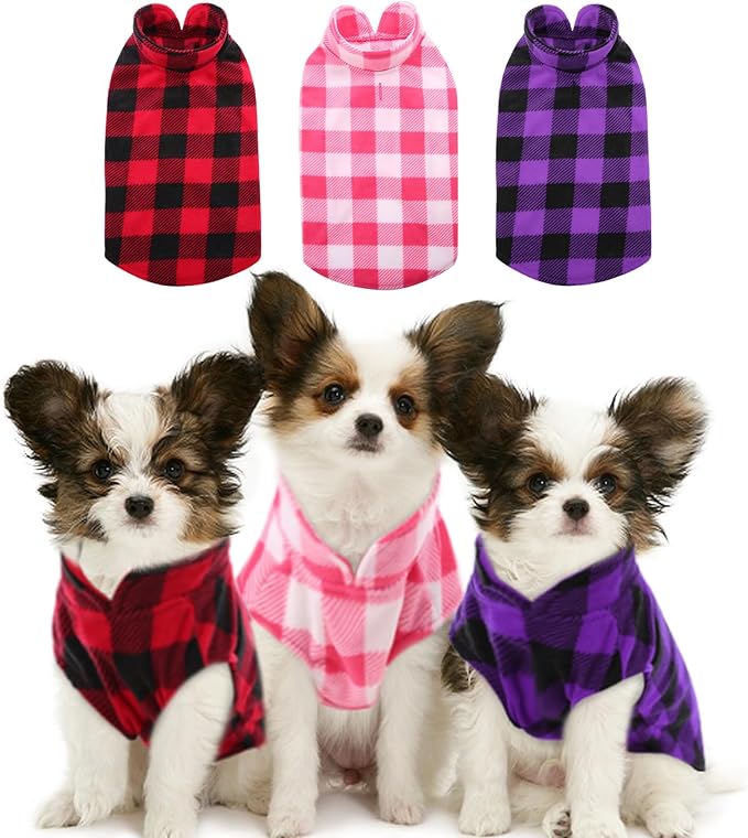 Kama Bridal 3 Pack Dog Coat - Spring, Autumn, Winter - Fleece Vest for Cats & Dogs - Small & Medium - Red, Pink, Purple Plaid (M)