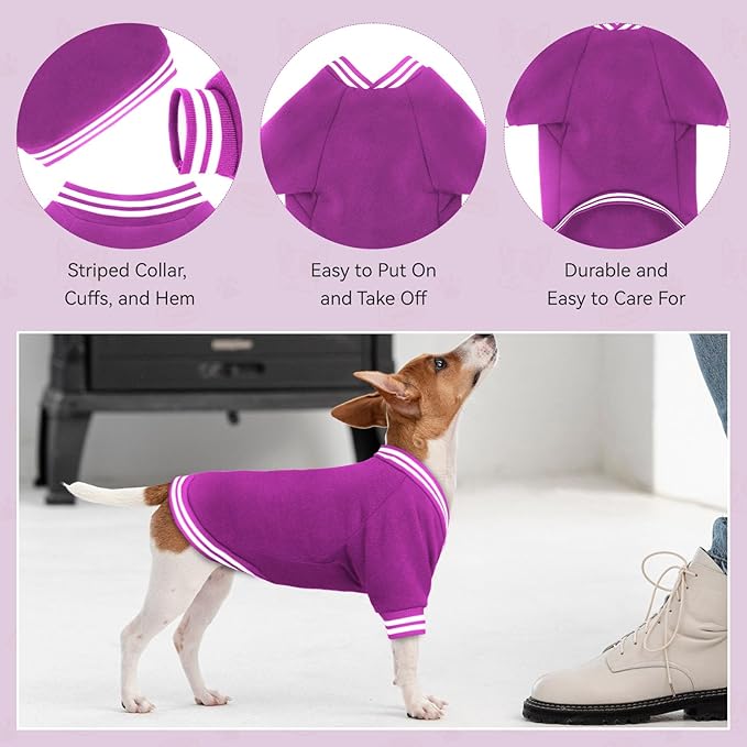 Dog Sweaters for Small Dogs, Brushed Fleece Dog Sweater Baseball Jacket Pet Clothes Soft Warm Sweatshirt Puppy Sweater Boy Girl Pet(Purple-S)