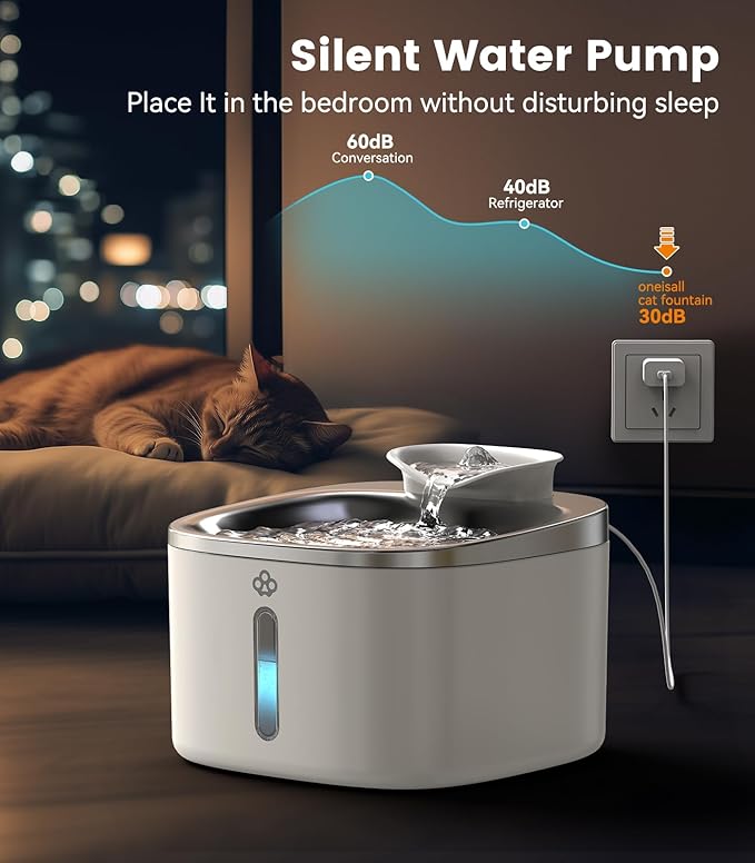 oneisall 3.5L Water Fountains for Cats Indoor, Stainless Steel Pet Drinking Fountains Automatic Running Cat Waterer Fountains Quiet, White