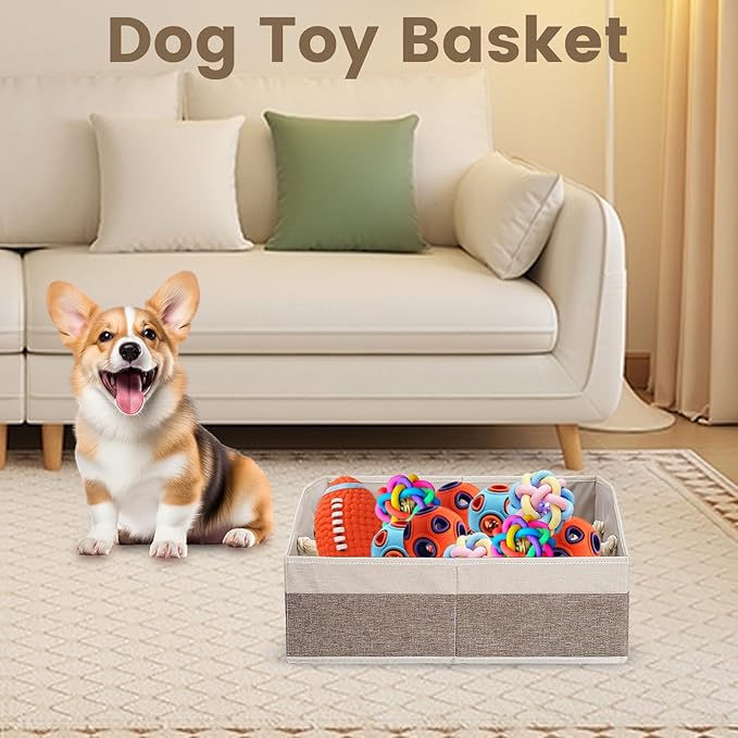 Large Dog Toy Basket With Handle, Foldable Dog Toy Box for Living Room Area, 20" Basket for Dog Toys, Clothes, Organizers and Storage with Hard Board, Anti-slip for Pet Toys (Brown, Medium)