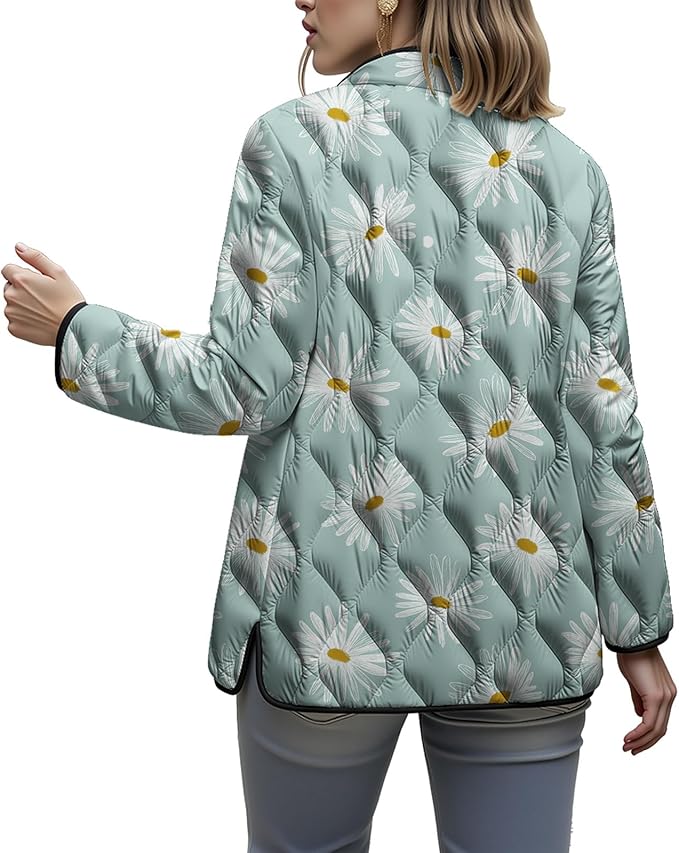 LIZALIG Women's Cropped Puffer Jacket Lightweight Floral Print Long Sleeve Padded Quilted Puffy Cardigan Coat