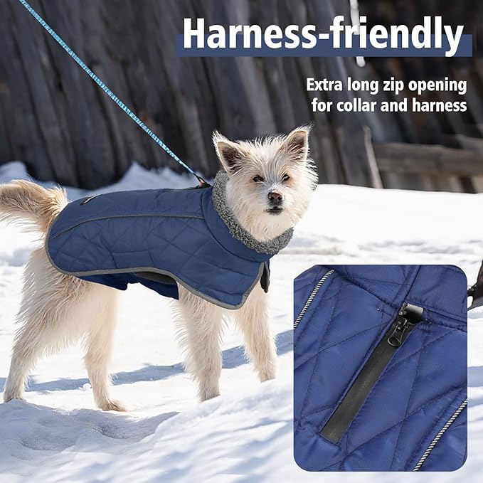 Fragralley Dog Coat Medium, Waterproof Dog Jacket with Warm Fleece Lining, Adjustable Reflective Dogs Winter Coat, Turtleneck Pet Coats for Cold Weather (Blue M)
