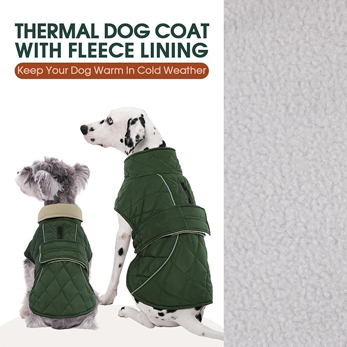 Kuoser Dog Coat, Extra Warm Dog Jacket Quilted Windproof Pet Cold Weather Coats for Small Dogs, Fleece Lining Turtleneck Puppy Snowsuit Reflective Adjustable Winter Clothes, Green S