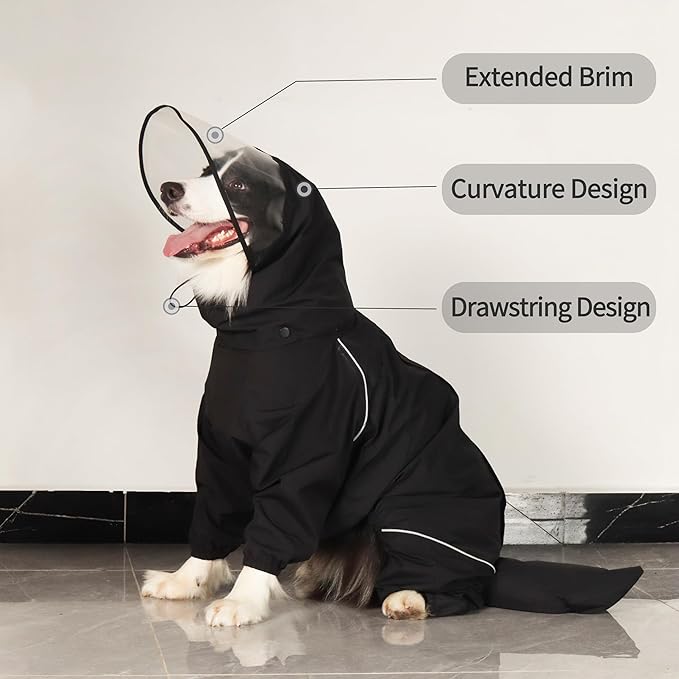 Dog Raincoat for Medium Large Dogs,rain Jacket Coat, Full Leg Coverage Waterproof Rain Suit with Detachable Hood & Tail, Reflective Strips, Snag-Free Top Zipper (Black for Girl, Small)