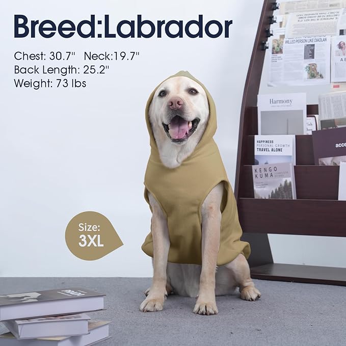 IECOii Dog Sweatshirt for Large Dogs, Hooded Fleece Vest with Leash Hole, XXXL Dogs Sweater for Giant Breed,Warm Polar Fleece Large Dog Hoodie for Fall Winter,Labrador,Golden Retriever, Khaki, 3XL