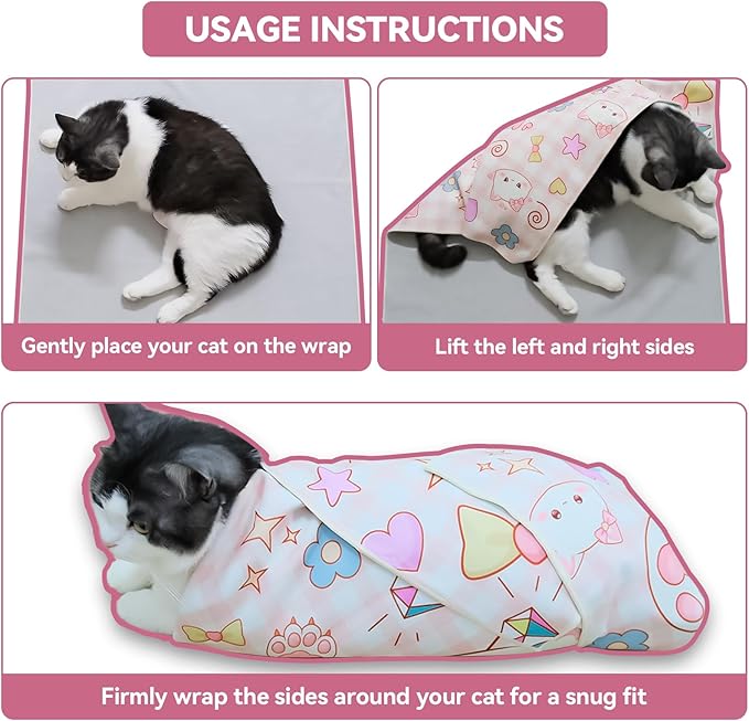 Cat Grooming Wrap for Cutting Nails, 31.5" Anti-Escape Calming Cat Swaddle Wrap for Medicine, Nail Clipping, Teeth Brushing, Ear Cleaning, Self-Adherent Burrito Restraint, (Geometric Fish, XL)