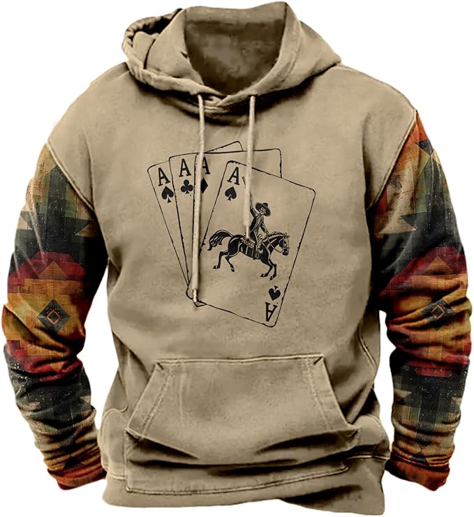 HOTYD Mens Western Aztec Sweatshirts Long Sleeve Fall Fashion Drawstring Pullover Vintage Graphic Cowboy Hoodie for Men