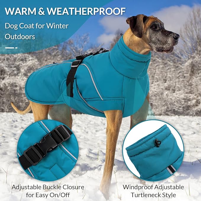 Queenmore XXL Dog Coat, Winter Jacket for Large Dogs, Waterproof Puffy Snowsuit, Adjustable Reflective Fleece Lining Warm Padding Parka for Cold Weather, Blue 3XL