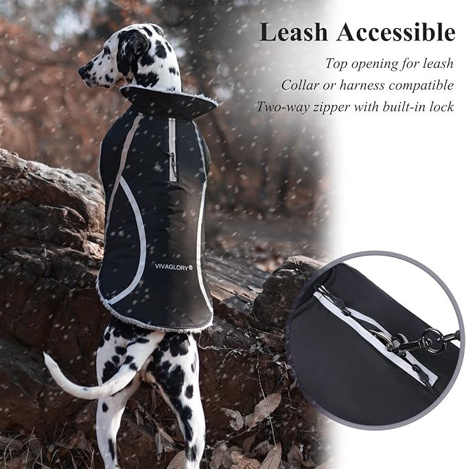 VIVAGLORY Frostfit Dog Coat, Dog Jacket for Winter & Cold Weather, Warm Fluffy Fleece Lined Water Resistant Reflective for Puppy, Coat with Velcro Fastening & Leash Hole, XL, Black